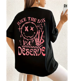 Kadın Kısa Kol Yazlık Tişört Bisiklet Yaka Baskılı Oversize T-Shirt - Siyah