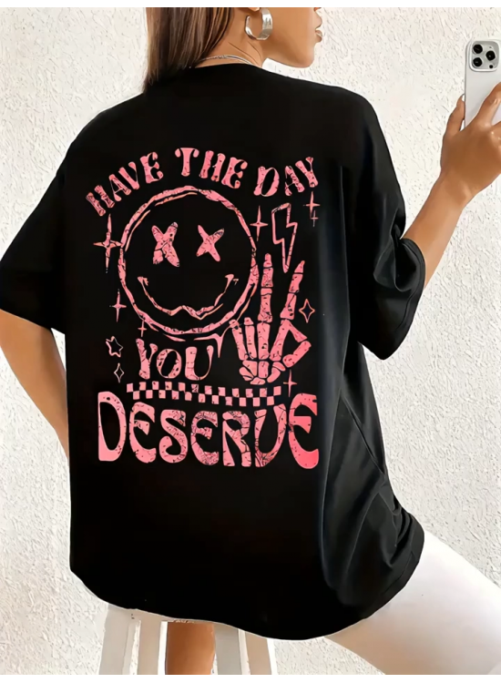 Kadın Kısa Kol Yazlık Tişört Bisiklet Yaka Baskılı Oversize T-Shirt - Siyah Kadın Kısa Kol Yazlık Tişört Bisiklet Yaka Baskılı Oversize T-Shirt - Siyah