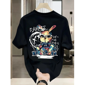 Erkek T-shirt Tavşan Baskılı Kısa Kollu Tişört - Siyah