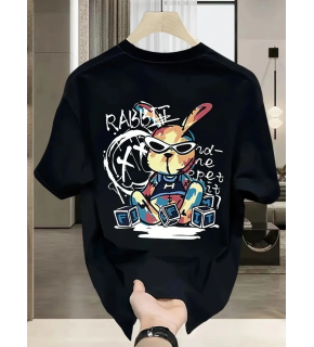 Erkek T-shirt Tavşan Baskılı Kısa Kollu Tişört - Siyah
