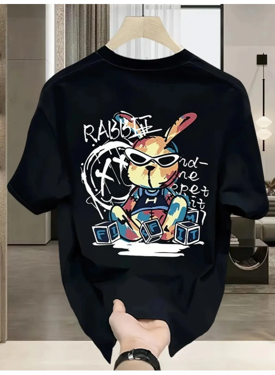 Erkek T-shirt Tavşan Baskılı Kısa Kollu Tişört - Siyah Erkek T-shirt Tavşan Baskılı Kısa Kollu Tişört - Siyah