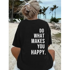 Kadın Kısa Kol Yazlık Tişört Bisiklet Yaka Baskılı Oversize T-Shirt - Siyah