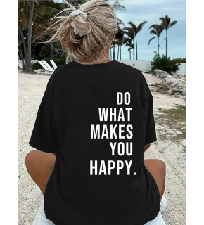 Kadın Kısa Kol Yazlık Tişört Bisiklet Yaka Baskılı Oversize T-Shirt - Siyah