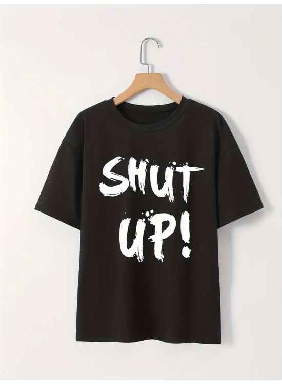 Kadın Tişört Shut Up Baskılı Kısa Kol Bisiklet Yaka T-Shirt - Siyah Kadın Tişört Shut Up Baskılı Kısa Kol Bisiklet Yaka T-Shirt - Siyah