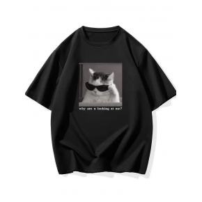 Erkek T-Shirt Komik Kedi Baskılı kısa kol Tişört - Siyah