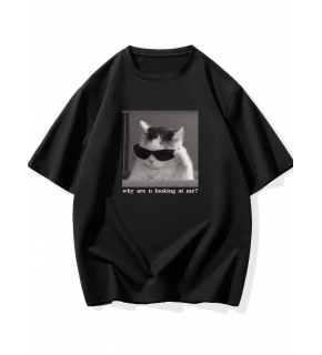 Erkek T-Shirt Komik Kedi Baskılı kısa kol Tişört - Siyah