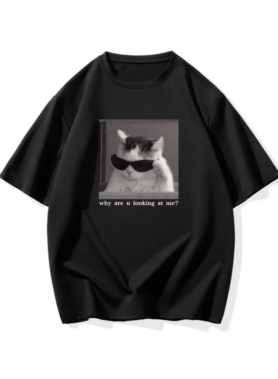 Erkek T-Shirt Komik Kedi Baskılı kısa kol Tişört - Siyah Erkek T-Shirt Komik Kedi Baskılı kısa kol Tişört - Siyah