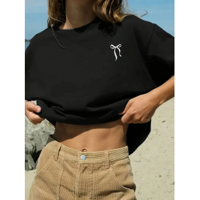 Kadın Tişört fiyonk baskılı Bisiklet yaka yazlık Kısa Kol oversize t-shirt - Siyah