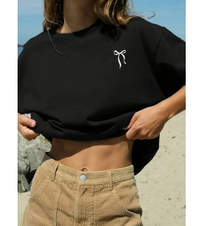 Kadın Tişört fiyonk baskılı Bisiklet yaka yazlık Kısa Kol oversize t-shirt - Siyah