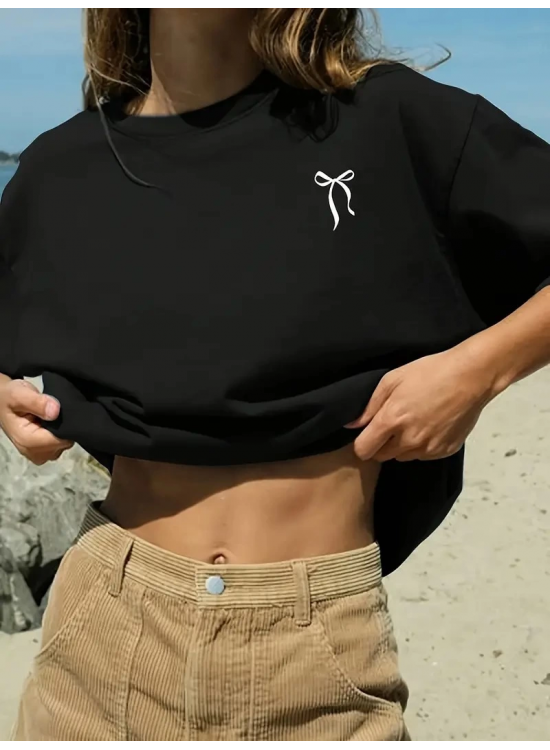 Kadın Tişört fiyonk baskılı Bisiklet yaka yazlık Kısa Kol oversize t-shirt - Siyah Kadın Tişört fiyonk baskılı Bisiklet yaka yazlık Kısa Kol oversize t-shirt - Siyah