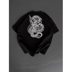 Erkek Ön ve Arka Baskılı T-Shirt Kısa Kol Bisiklet Yaka Regular Fit Tişört - Siyah