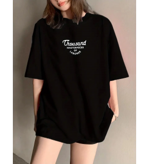 Kadın Baskılı Tişört Bisiklet yaka yazlık Kısa Kol oversize t-shirt - Siyah