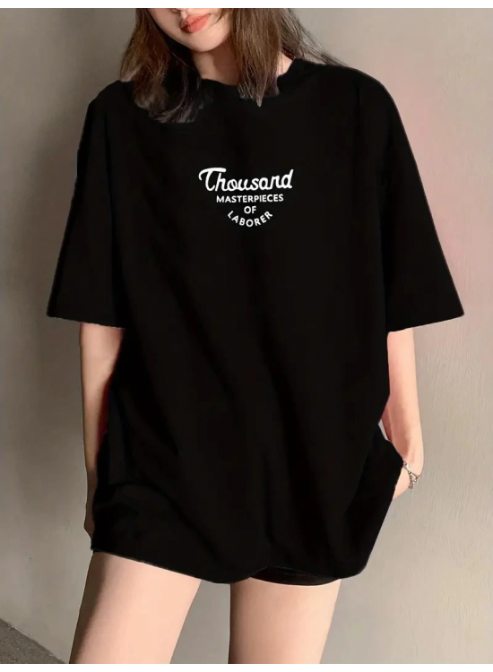 Kadın Baskılı Tişört Bisiklet yaka yazlık Kısa Kol oversize t-shirt - Siyah Kadın Baskılı Tişört Bisiklet yaka yazlık Kısa Kol oversize t-shirt - Siyah