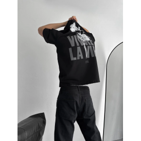 Erkek Ön ve Arka Baskılı T-Shirt Kısa Kol Bisiklet Yaka Regular Fit Tişört -  Siyah