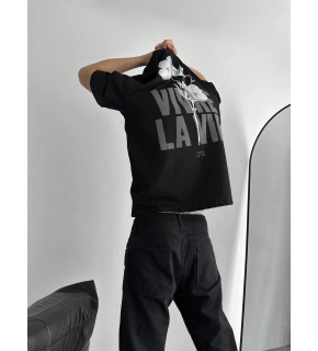 Erkek Ön ve Arka Baskılı T-Shirt Kısa Kol Bisiklet Yaka Regular Fit Tişört -  Siyah