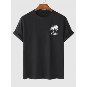 Erkek Tişört Palmiye Baskılı Bisiklet Yaka Kısa Kol Yazlık T-shirt - Siyah