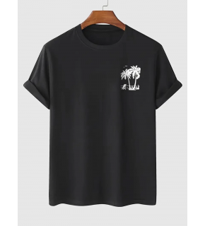 Erkek Tişört Palmiye Baskılı Bisiklet Yaka Kısa Kol Yazlık T-shirt - Siyah