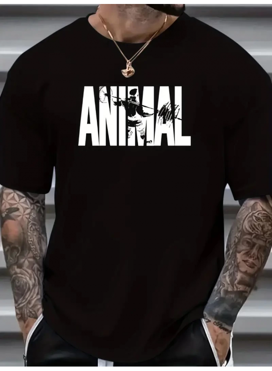 Erkek ANIMAL Baskılı Tişört Bisiklet YakaYazlık T-shirt - Siyah