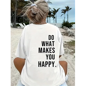 Kadın Kısa Kol Yazlık Tişört Bisiklet Yaka Baskılı Oversize T-Shirt - Beyaz