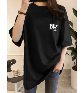Kadın T-shirt Bisiklet yaka  NY Baskılı kısa kol Tişört - Siyah