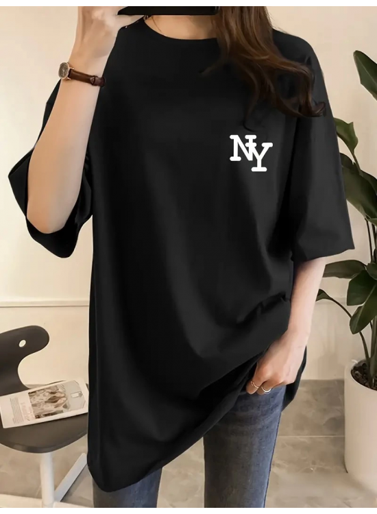 Kadın T-shirt Bisiklet yaka NY Baskılı kısa kol Tişört - Siyah Kadın T-shirt Bisiklet yaka NY Baskılı kısa kol Tişört - Siyah
