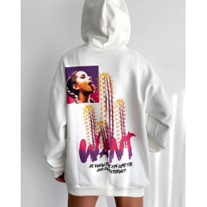 Kadın Oversize Kapüşonlu Cepli WANT Baskılı 3 İplik Pamuklu Hoodie Sweatshirt - Beyaz