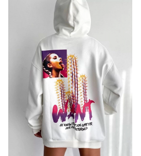 Kadın Oversize Kapüşonlu Cepli WANT Baskılı 3 İplik Pamuklu Hoodie Sweatshirt - Beyaz