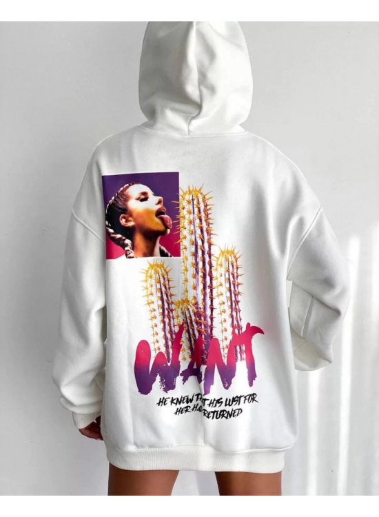 Kadın Oversize Kapüşonlu Cepli WANT Baskılı 3 İplik Pamuklu Hoodie Sweatshirt - Beyaz Kadın Oversize Kapüşonlu Cepli WANT Baskılı 3 İplik Pamuklu Hoodie Sweatshirt - Beyaz
