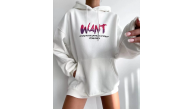Kadın Oversize Kapüşonlu Cepli WANT Baskılı 3 İplik Pamuklu Hoodie Sweatshirt - Beyaz Kadın Oversize Kapüşonlu Cepli WANT Baskılı 3 İplik Pamuklu Hoodie Sweatshirt - Beyaz