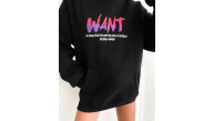 Kadın Oversize Kapüşonlu Cepli WANT Baskılı 3 İplik Pamuklu Hoodie Sweatshirt - Siyah Kadın Oversize Kapüşonlu Cepli WANT Baskılı 3 İplik Pamuklu Hoodie Sweatshirt - Siyah