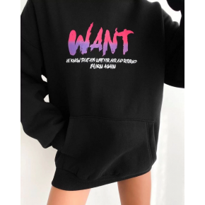 Kadın Oversize Kapüşonlu Cepli WANT Baskılı 3 İplik Pamuklu Hoodie Sweatshirt - Siyah