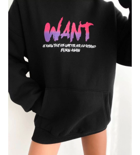 Kadın Oversize Kapüşonlu Cepli WANT Baskılı 3 İplik Pamuklu Hoodie Sweatshirt - Siyah