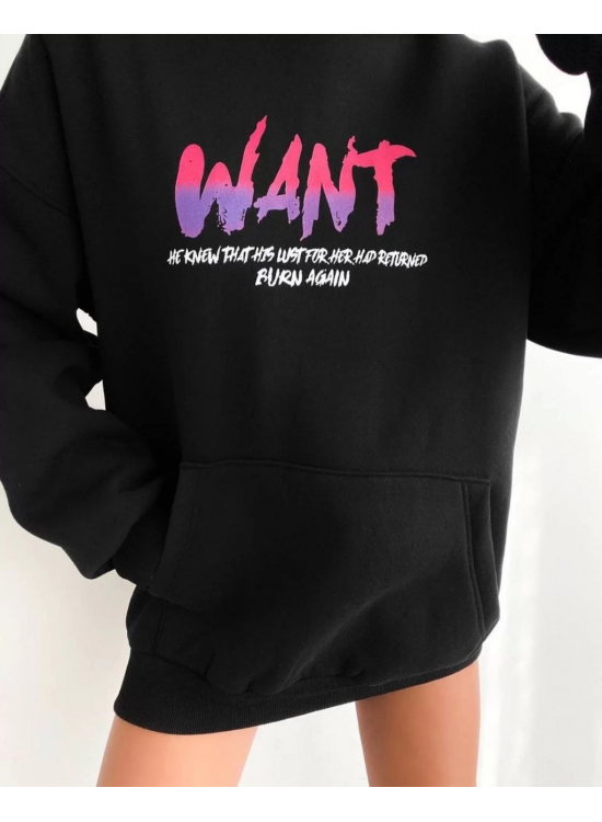 Kadın Oversize Kapüşonlu Cepli WANT Baskılı 3 İplik Pamuklu Hoodie Sweatshirt - Siyah Kadın Oversize Kapüşonlu Cepli WANT Baskılı 3 İplik Pamuklu Hoodie Sweatshirt - Siyah
