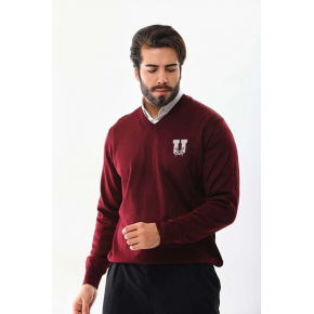 Erkek V Yaka Kazak Baskılı Dokuma Triko - Bordo