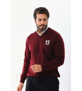 Erkek V Yaka Kazak Baskılı Dokuma Triko - Bordo