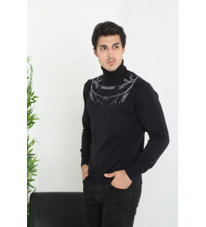 Erkek Yarım Bağazlı Kazak Baskılı Dokuma Triko - Siyah