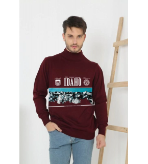 Erkek Yarım Bağazlı Kazak Baskılı Dokuma Triko - Bordo