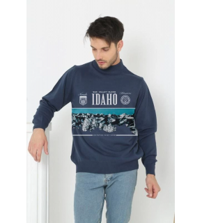 Erkek Yarım Bağazlı Kazak Baskılı Dokuma Triko - Indigo