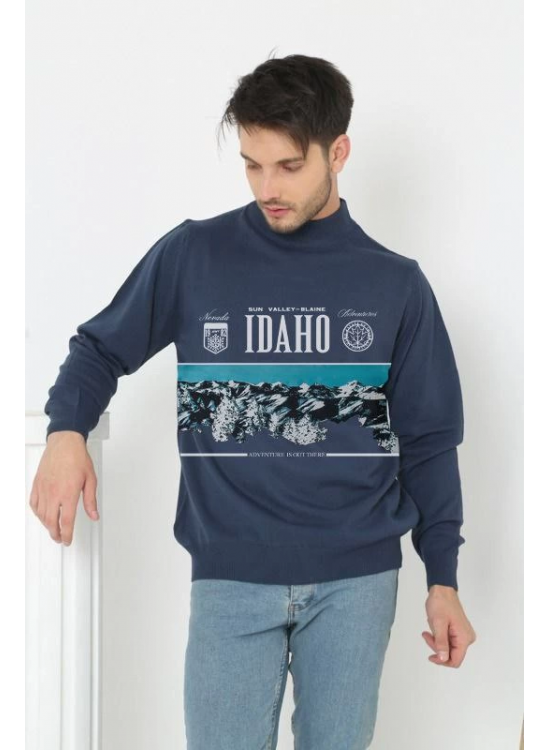 Erkek Yarım Bağazlı Kazak Baskılı Dokuma Triko - Indigo Erkek Yarım Bağazlı Kazak Baskılı Dokuma Triko - Indigo