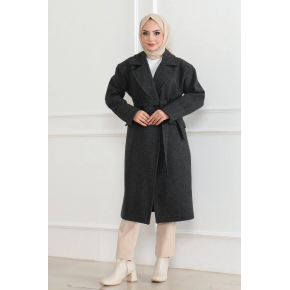 Kadın Kaşe Kaban Uzun Boy 115 cm Kruvaze Yaka Kuşaklı Astarlı Tesettür Kaban Yünlü - Siyah