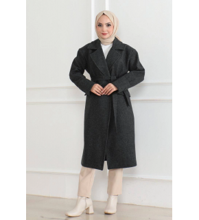 Kadın Kaşe Kaban Uzun Boy 115 cm Kruvaze Yaka Kuşaklı Astarlı Tesettür Kaban Yünlü - Siyah