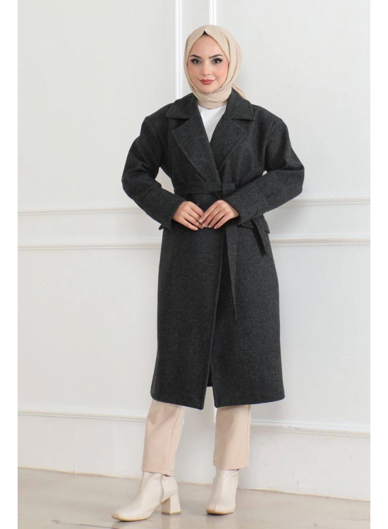 Kadın Kaşe Kaban Uzun Boy 115 cm Kruvaze Yaka Kuşaklı Astarlı Tesettür Kaban Yünlü - Siyah Kadın Kaşe Kaban Uzun Boy 115 cm Kruvaze Yaka Kuşaklı Astarlı Tesettür Kaban Yünlü - Siyah