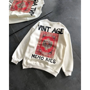 Kadın Bisiklet Yaka 3 İplik Baskılı Oversize SweatShirt - Beyaz