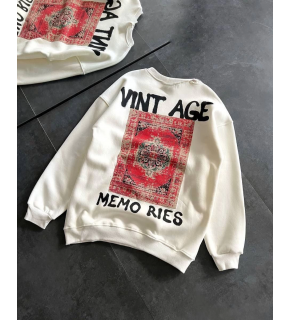 Kadın Bisiklet Yaka 3 İplik Baskılı Oversize SweatShirt - Beyaz