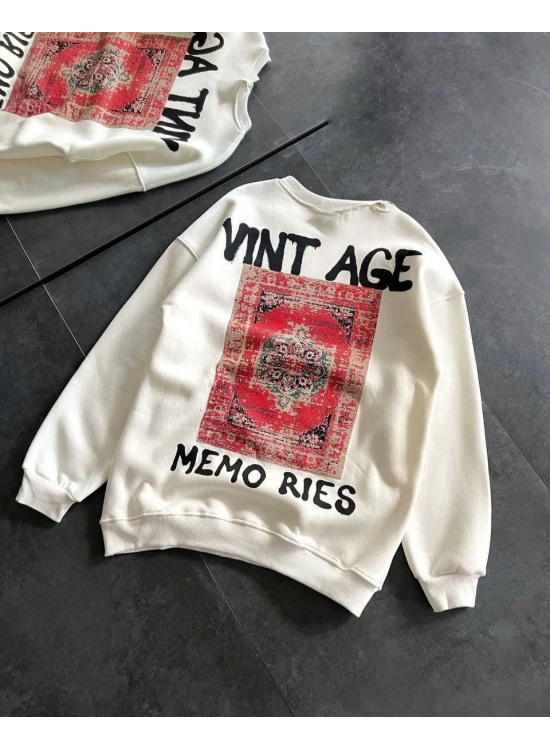 Kadın Bisiklet Yaka 3 İplik Baskılı Oversize SweatShirt - Beyaz