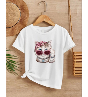 Kız Çocuk Bisiklet Yaka Baskılı T-Shirt - Beyaz