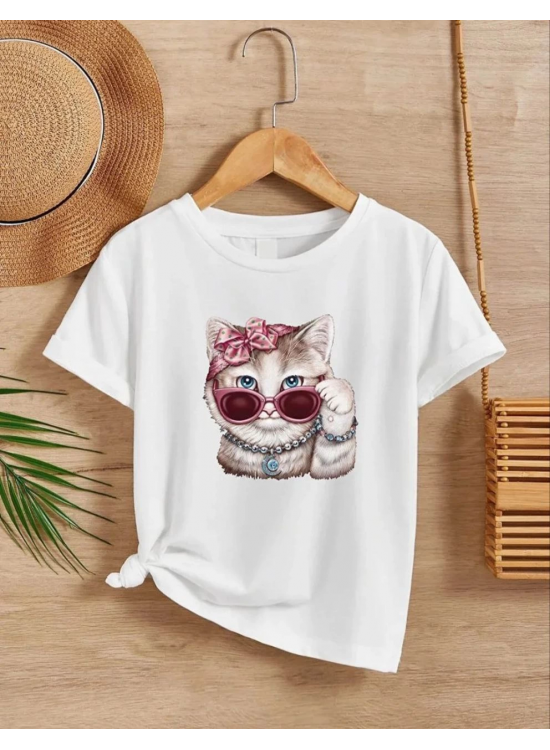 Kız Çocuk Bisiklet Yaka Baskılı T-Shirt - Beyaz Kız Çocuk Bisiklet Yaka Baskılı T-Shirt - Beyaz