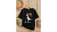 Kız Çocuk Bisiklet Yaka Baskılı T-Shirt - Siyah Kız Çocuk Bisiklet Yaka Baskılı T-Shirt - Siyah