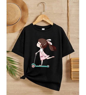 Kız Çocuk Bisiklet Yaka Baskılı T-Shirt - Siyah