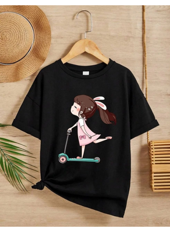 Kız Çocuk Bisiklet Yaka Baskılı T-Shirt - Siyah Kız Çocuk Bisiklet Yaka Baskılı T-Shirt - Siyah